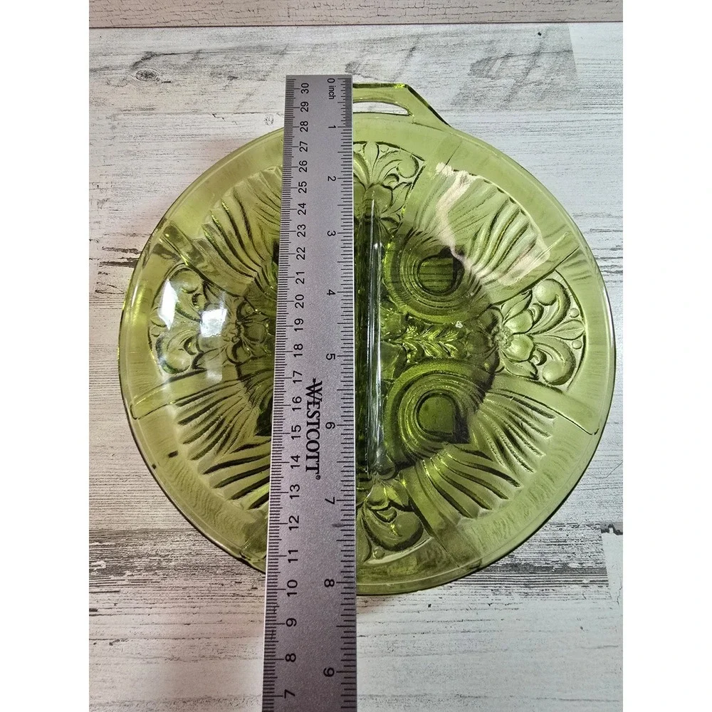 Vintage Green Pressed Glass Divided‎ Relish Dish Footed Serving Tray with Handle
